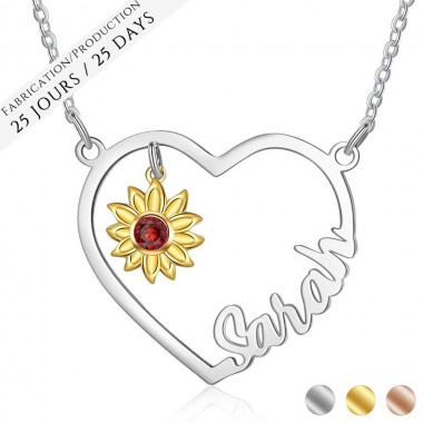 Le Collier Prénom cœur tournesol naissance